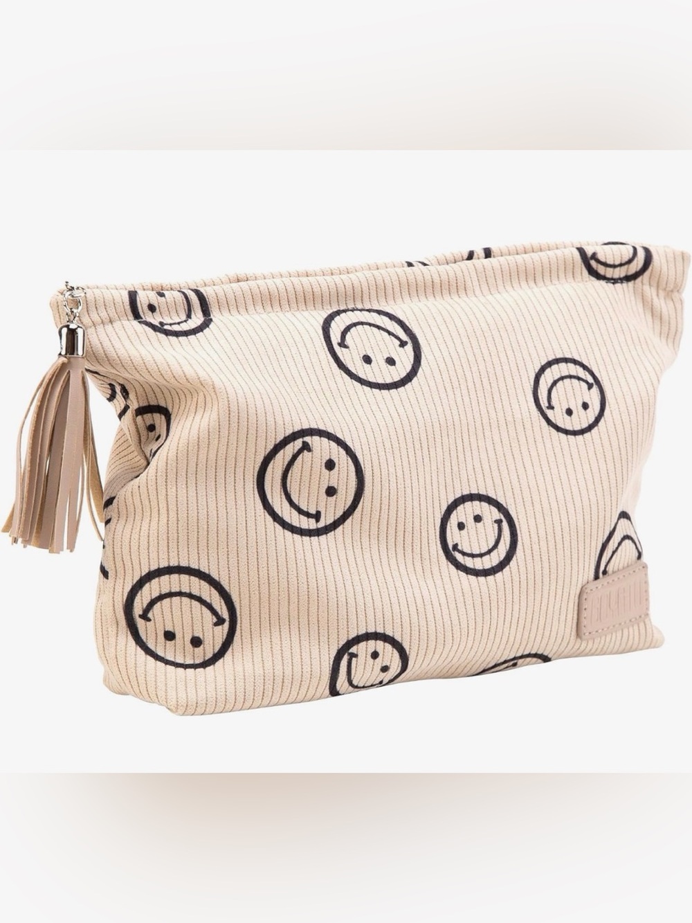 Smiley Print Ribbed Cosmetic Pouch - Beige & Black
